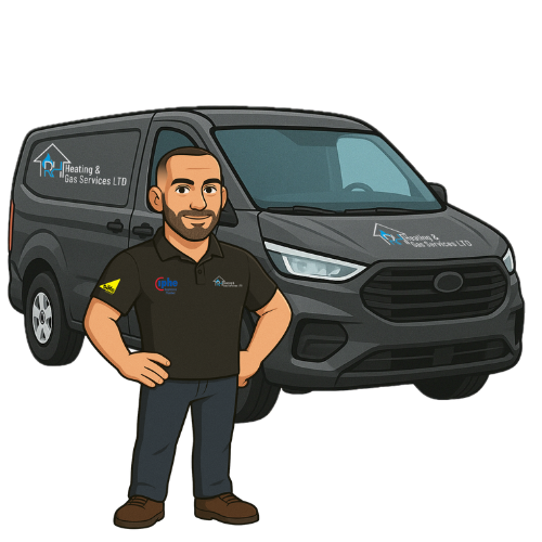 RH Heating & Gas branded van and engineer